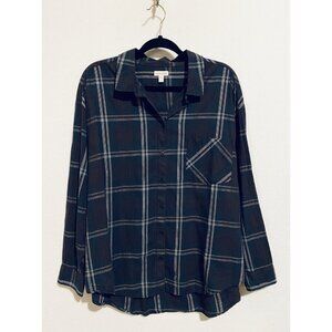 Garnet Hill Top Womens 18 Blue Plaid Button Up Back Pleat Grunge Country Prairie